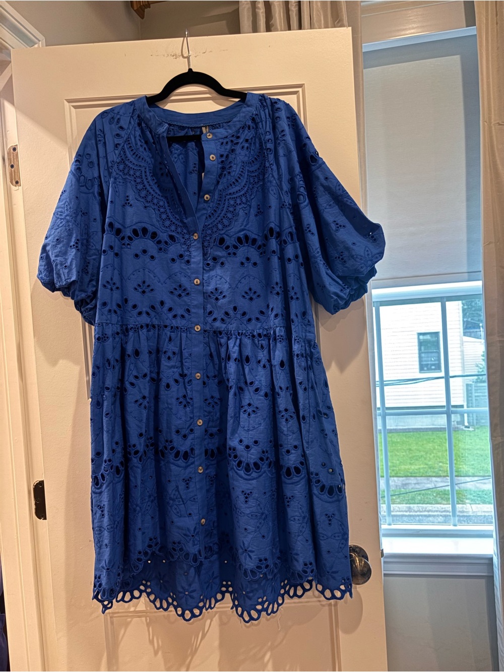 Blue Eyelet Button-Front Women's Dress